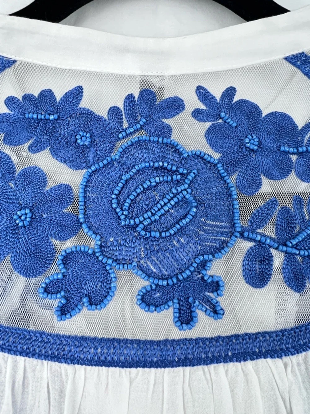 Anthropologie Long-Sleeve Lace Blouse White Blue Sz S Embroidered Beaded Relaxed - Picture 8 of 16